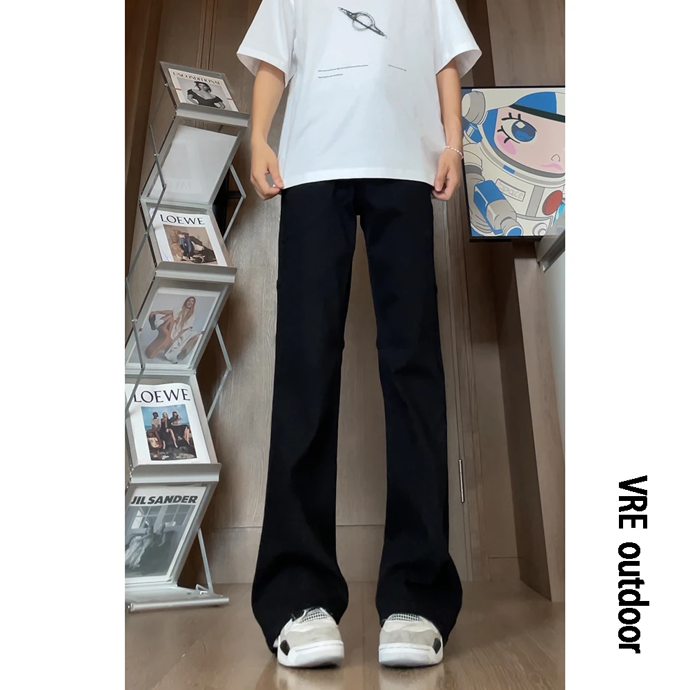 美式高街vintage水洗做旧拼接褶皱牛仔裤男潮牌直筒微喇显瘦裤子