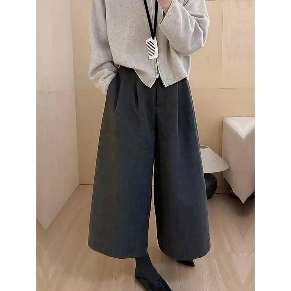 2025年新款阔腿九分裤纯色厚款慵懒风拼接休闲裤女装秋季裤子显瘦