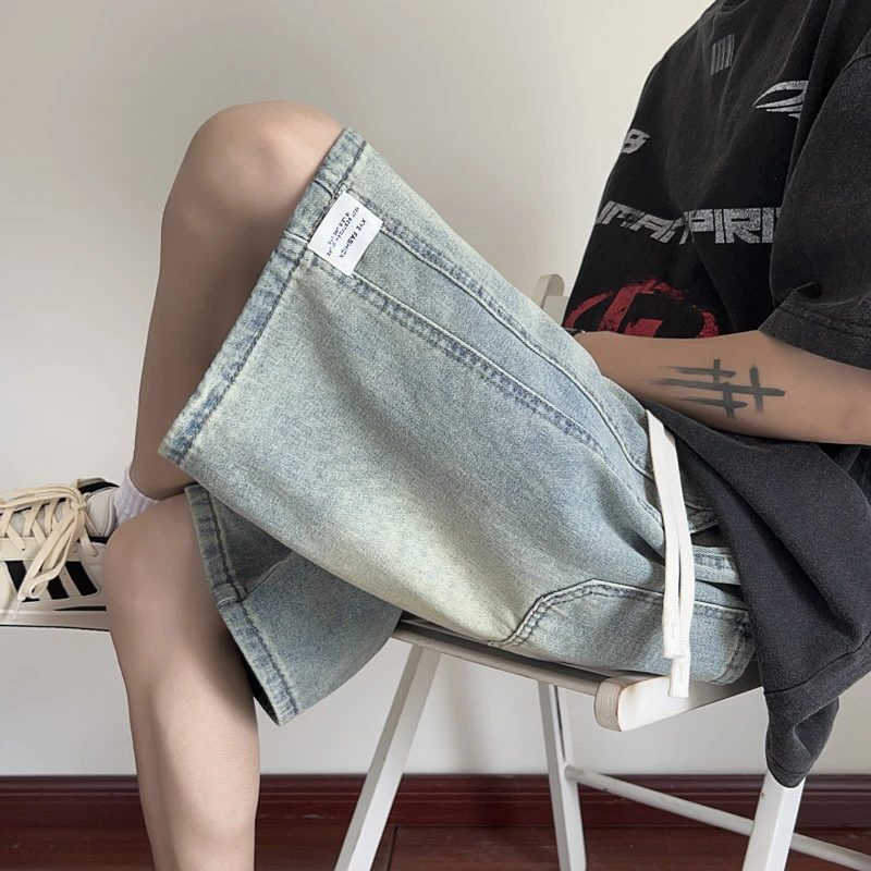 牛仔短裤男款夏季薄款宽松直筒五分裤水洗潮牌休闲运动松紧腰中裤