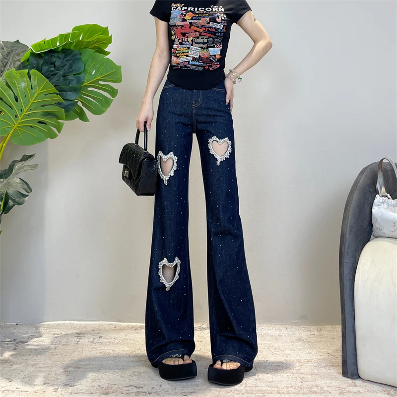 迪否爱心镶钻镂空直筒裤莱赛尔天丝爆款夏季薄款窄版阔腿牛仔裤