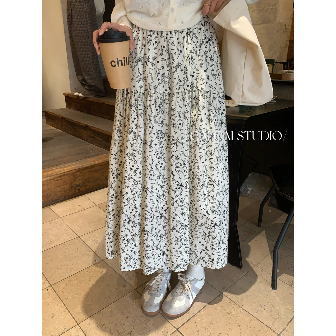 【C·Cai】复古法式碎花半身裙6121#垂感高腰显瘦小个子a字半身裙