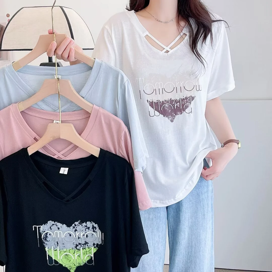 大码女装半袖薄款胖mm夏季桃心印花百搭小众休闲短袖T恤宽松200斤