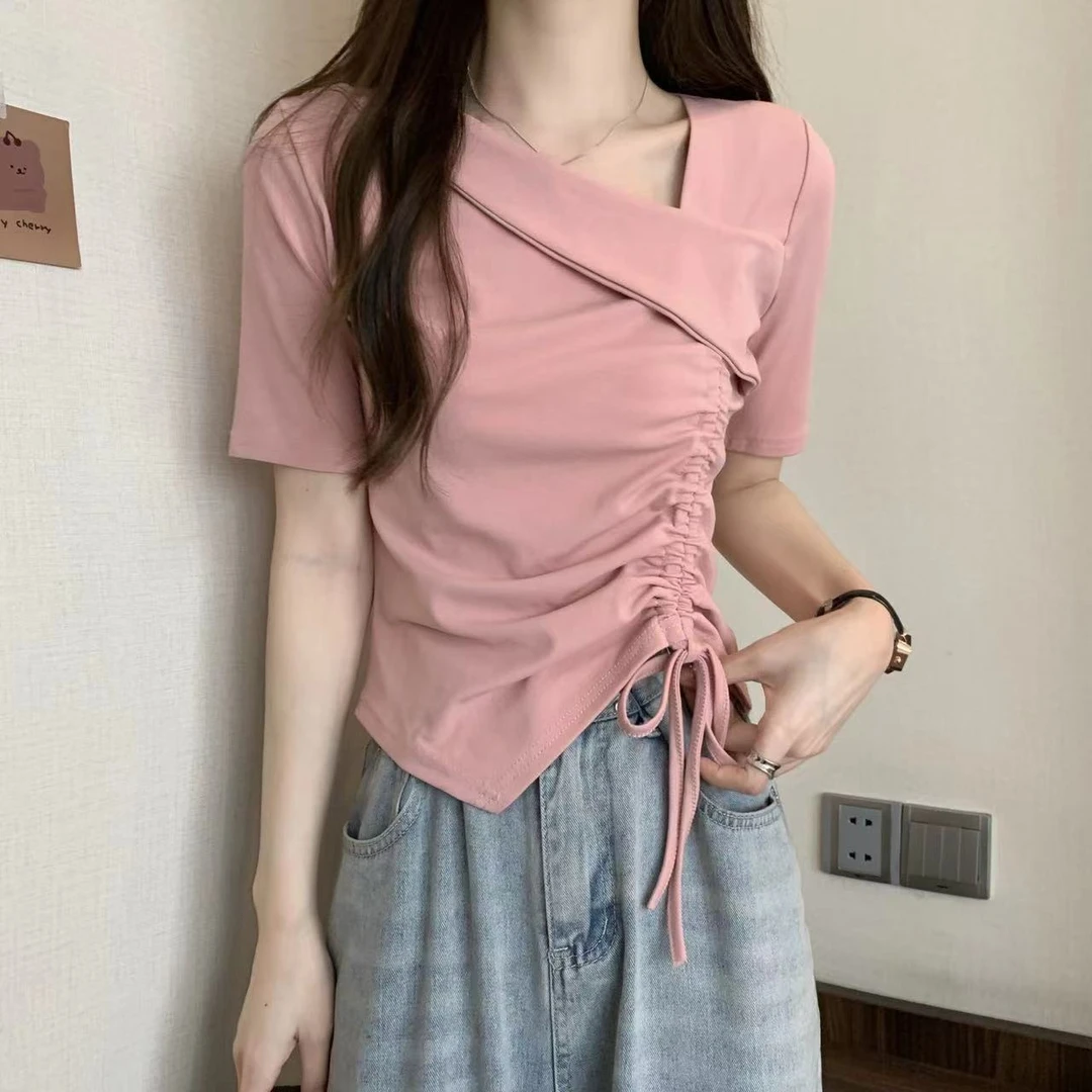 大码不规则斜领抽绳短袖t恤女夏季新款宽松显瘦遮肉别致百搭上衣