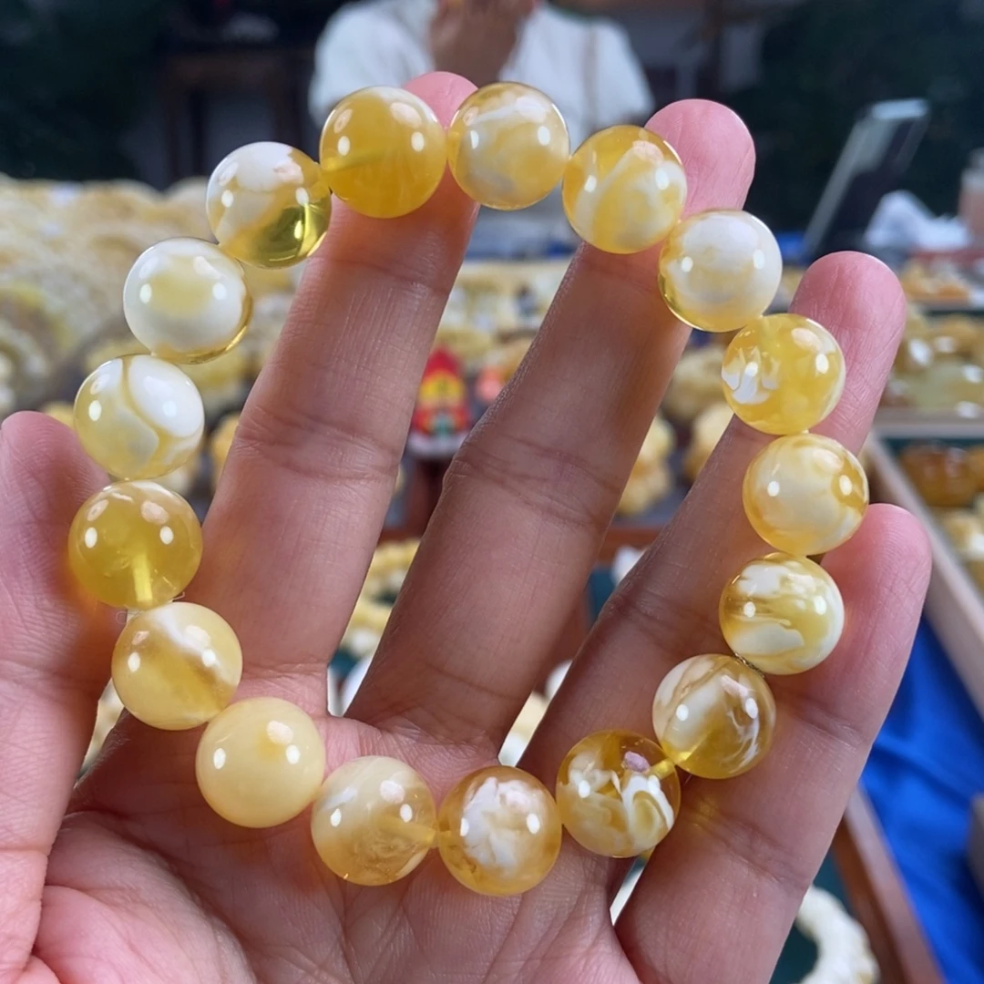 琥珀未镶嵌珠宝奇石12+金白妖花圆珠19.45