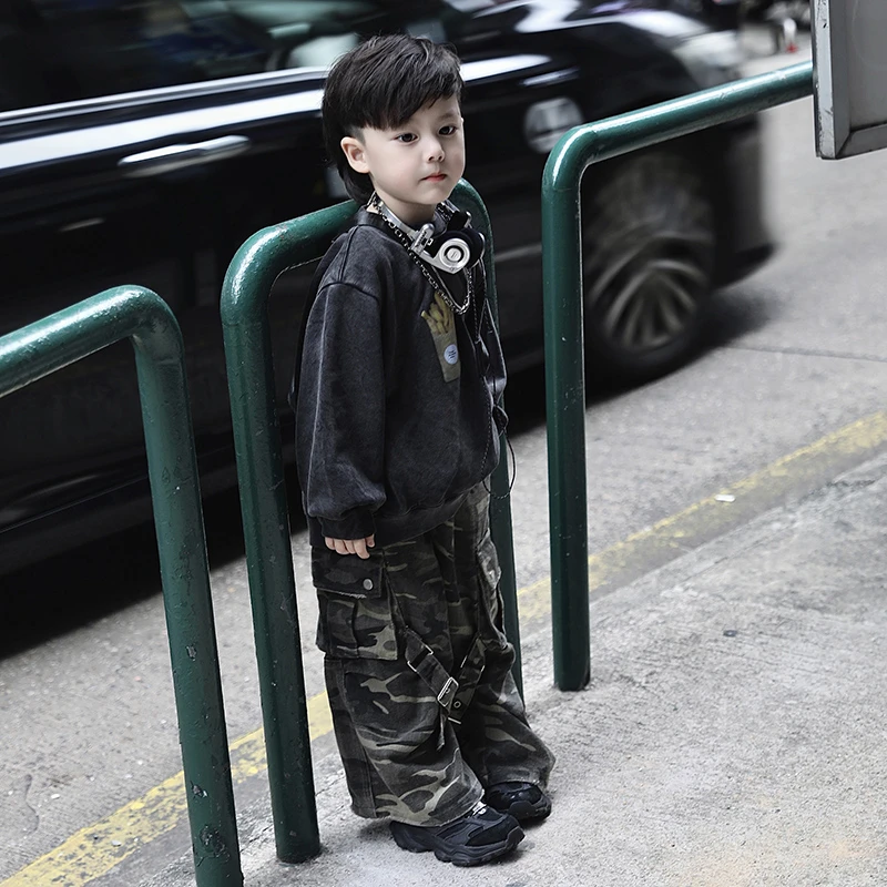 【现货】Jimmy妈童品 潮酷男孩 秋季儿童做旧水洗汉堡印花宽松卫衣