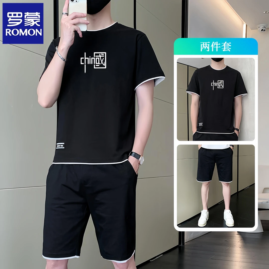 Romon/罗蒙经典时尚中国印花短袖黑色短裤两件套夏季休闲男士套装