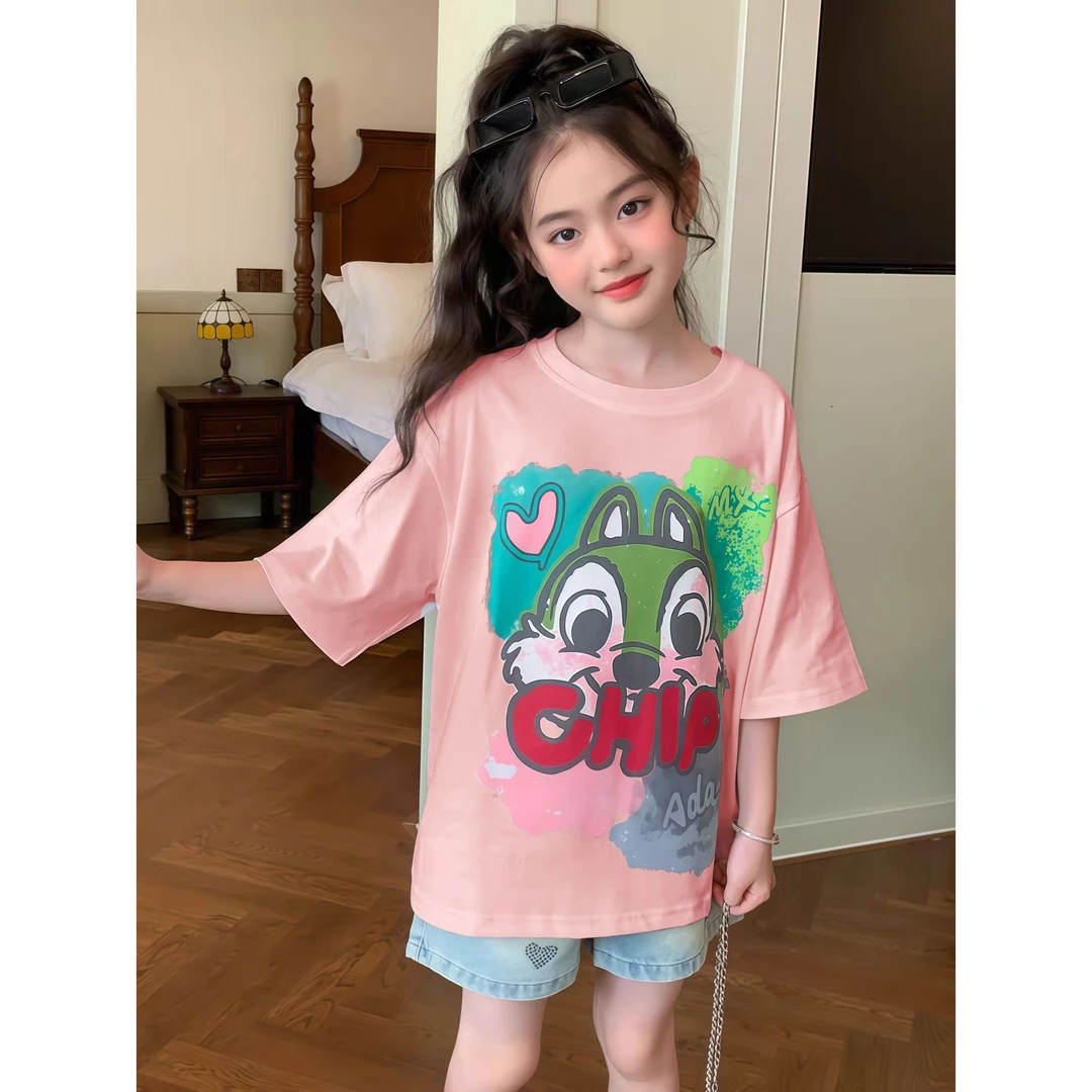 【100%纯棉】女童短袖t恤纯棉夏装2025洋气女孩中大童半袖上衣夏季