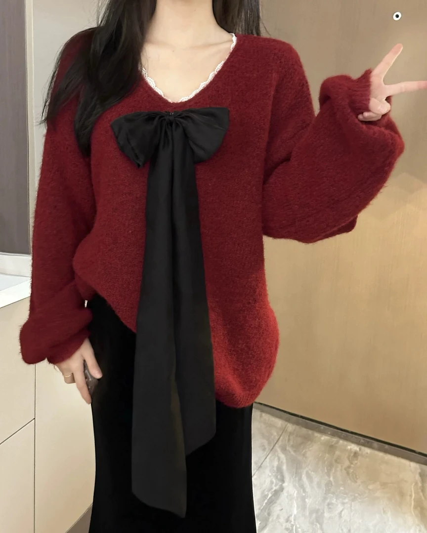 Simm思皿皿跨年红色氛围感毛衣中长款【配可拆卸蝴蝶结胸针1个】