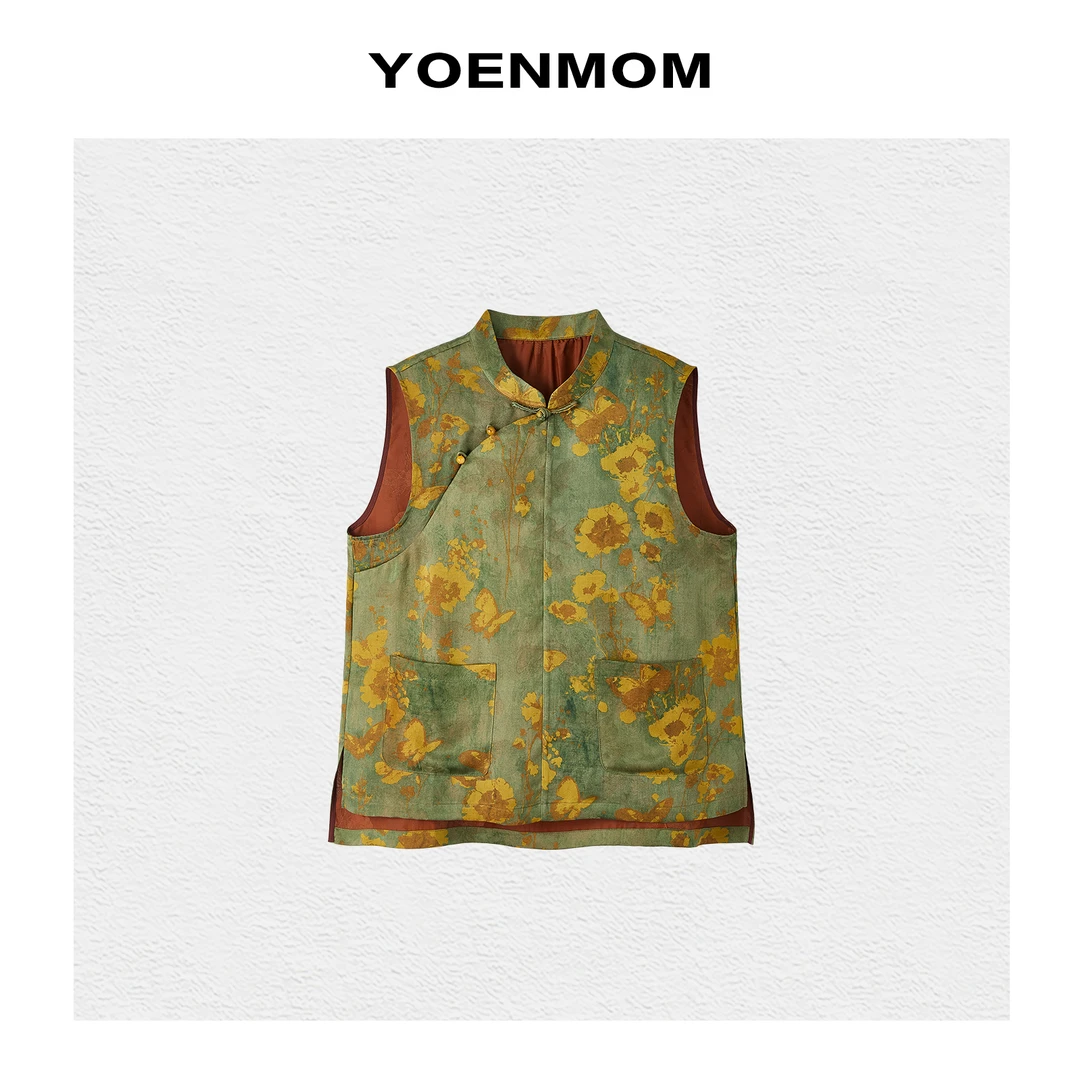 YOENMOM·花楹曲·100桑蚕丝香云纱斜襟盘扣双口袋设计立领无袖上衣