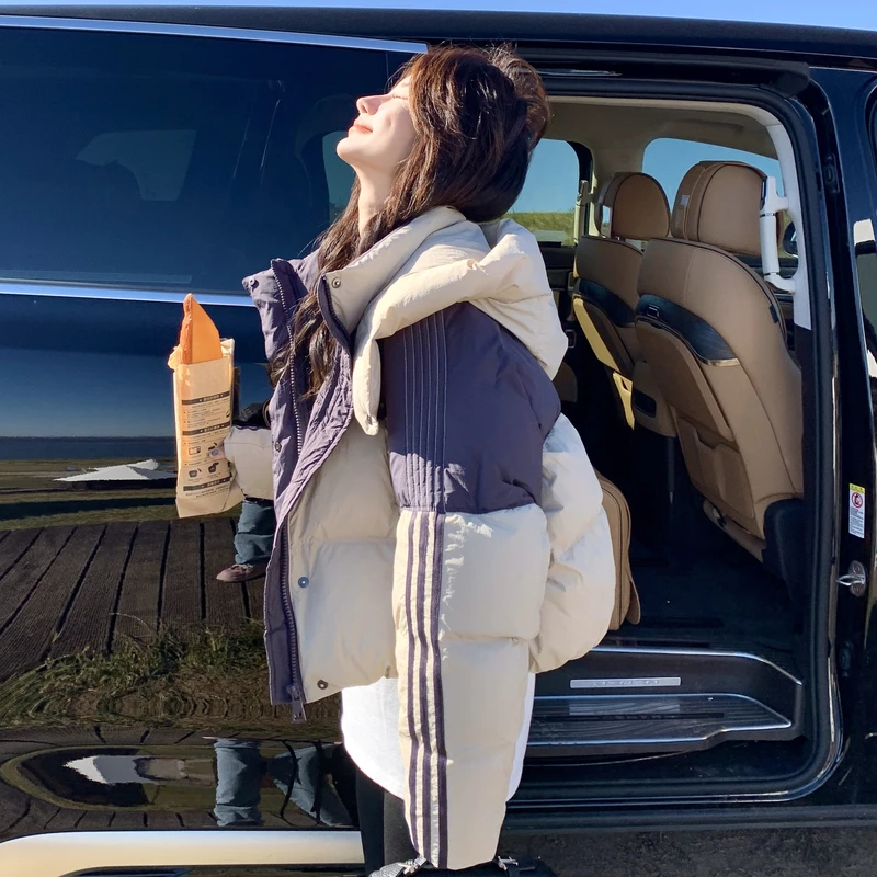 撞色拼接短款羽绒服女冬2025年新款爆款小个子韩系加厚面包服外套