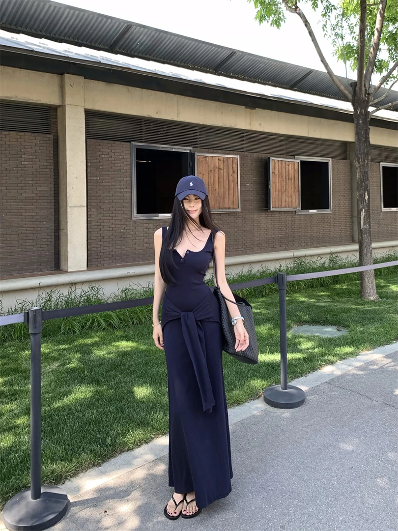 纯欲风收腰背心裙两穿披肩休闲修身连衣裙针织长裙女显瘦气质