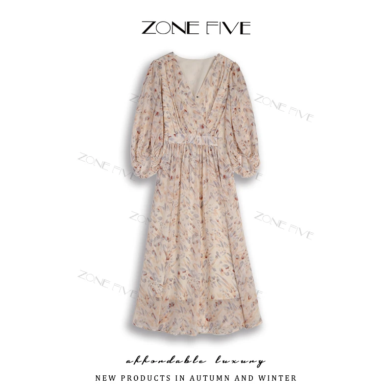 【zonefive】法式碎花女新款洋气V领雪纺系带连衣裙女灯笼袖气质