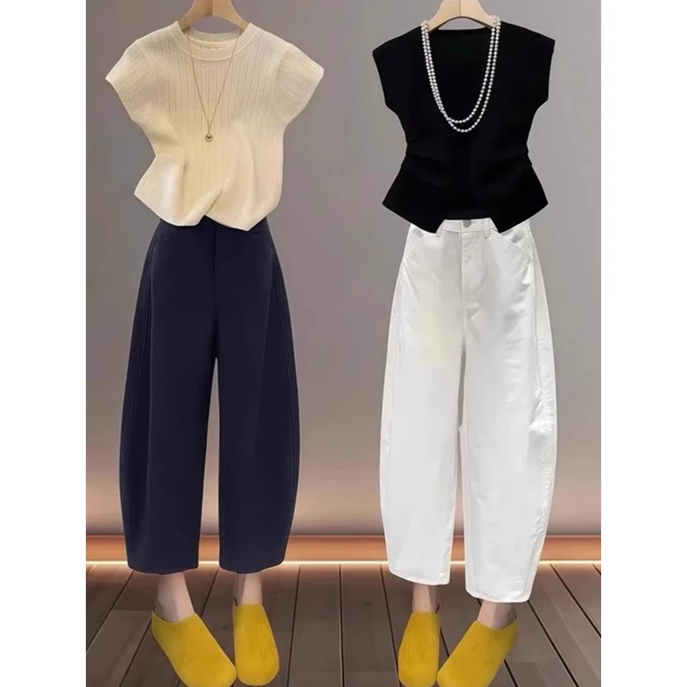 欧货白色阔腿爆款香蕉裤女2025夏季新款高腰宽松显瘦九分弯刀裤子