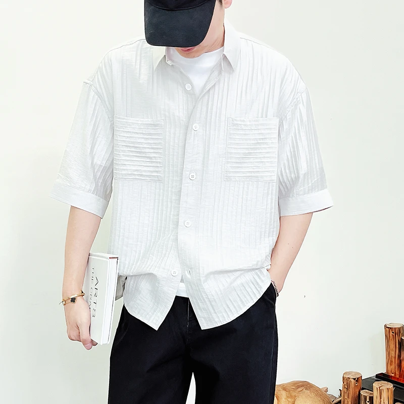 夏季新款纯色坑条衬衫男中袖百搭宽松男装穿搭高级感男士短袖衬衣