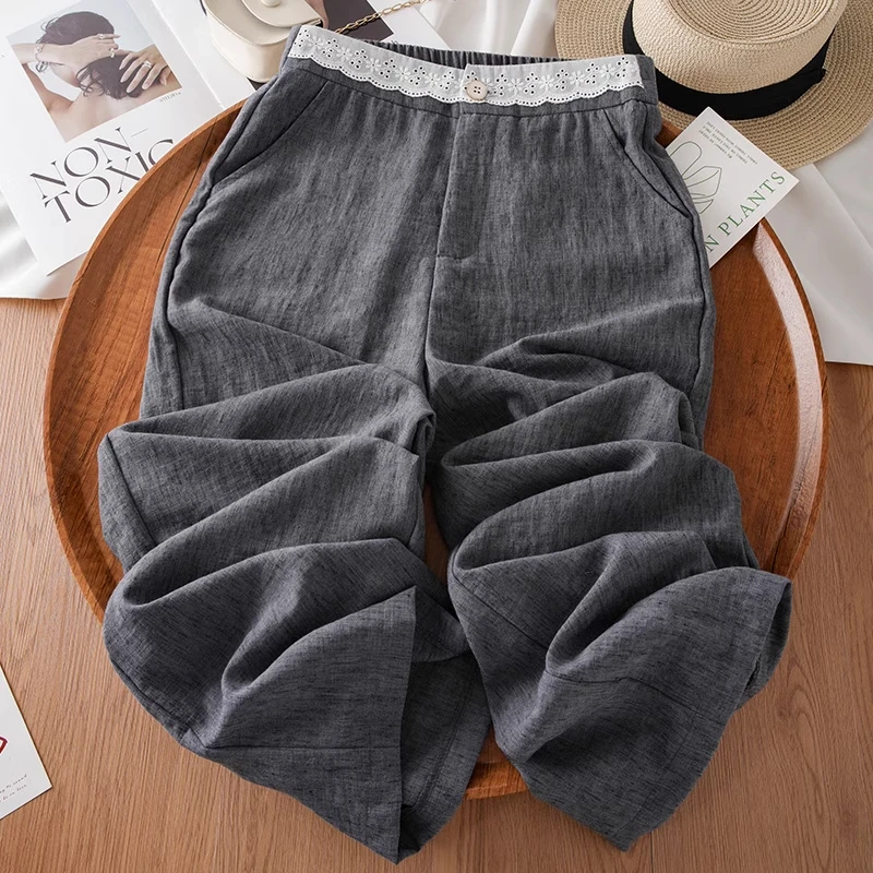 拉夏贝尔蕾丝拼接阔腿裤女2025夏季薄款高腰显瘦宽松垂坠感山本裤