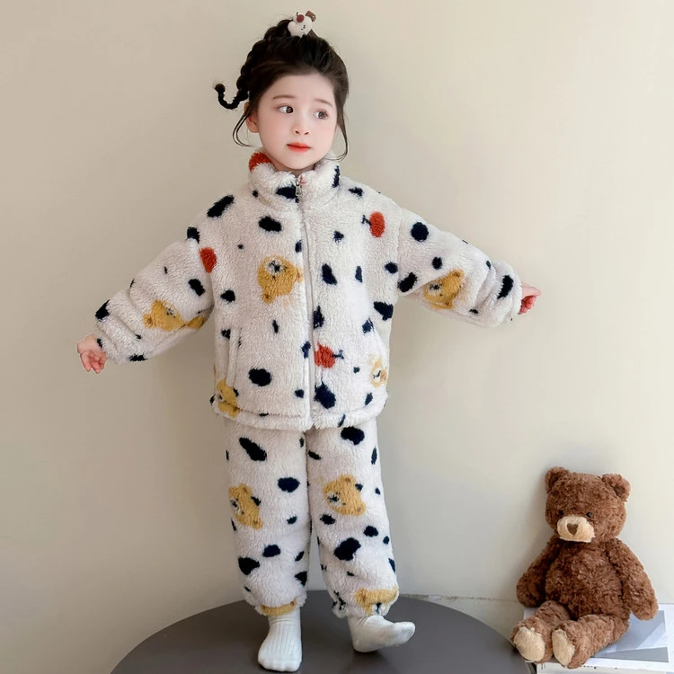儿童毛毛绒睡衣套装秋冬季加厚保暖拉链开衫女童宝宝珊瑚绒家居服