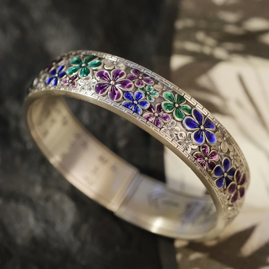 足银珐琅手镯 足银999.9珐琅梅花手镯传承古法开口银手镯实心彩色
