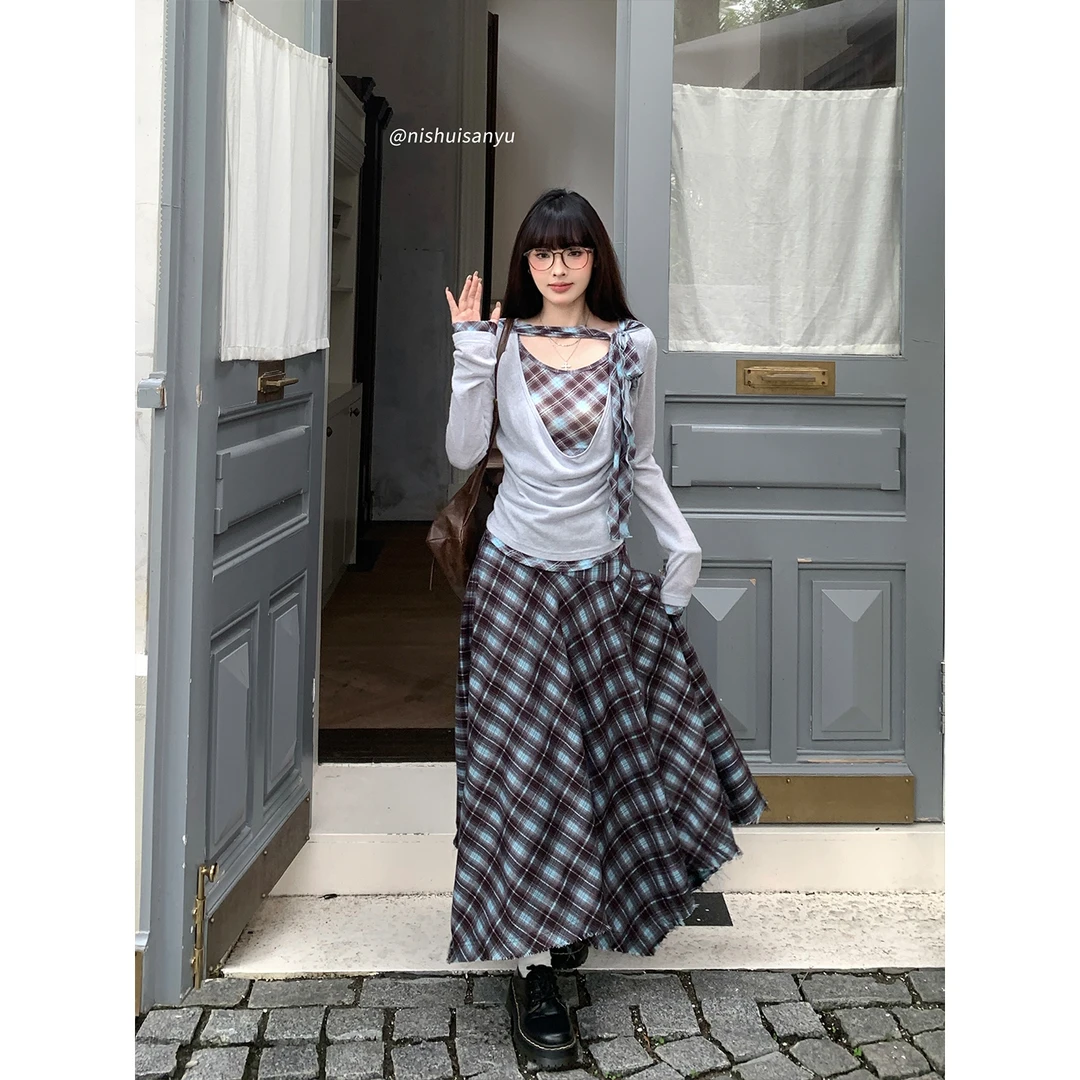 溺水三鱼【街头画报】街头风格子荡领假两件上衣不规则半身裙套装