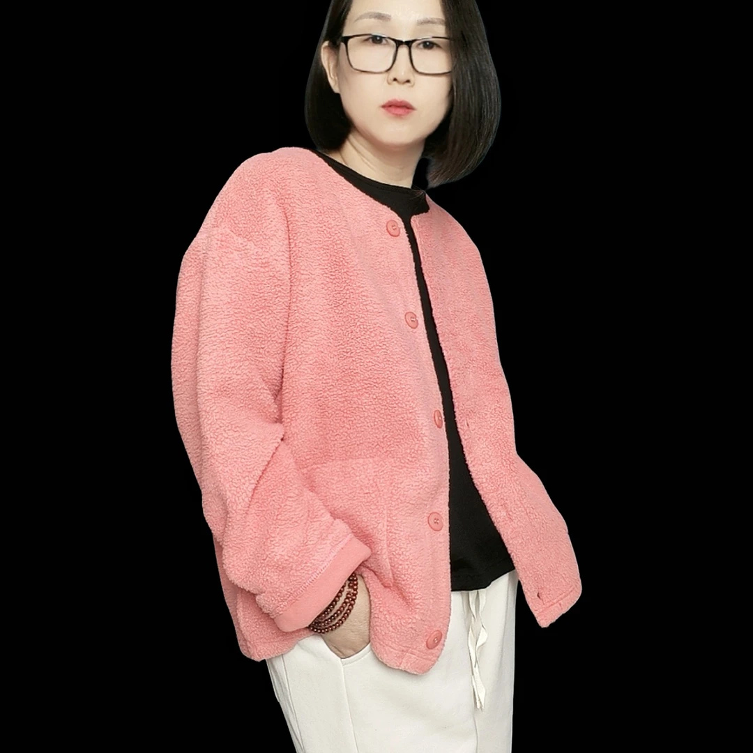 摇粒绒外套秋冬圆领单排扣开襟贴袋复古优雅长袖开衫