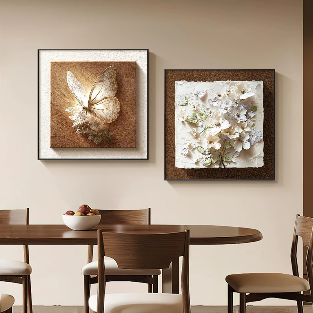 中古风餐厅装饰画蝴蝶卧室床头挂画2025新款高级感花卉客厅壁画