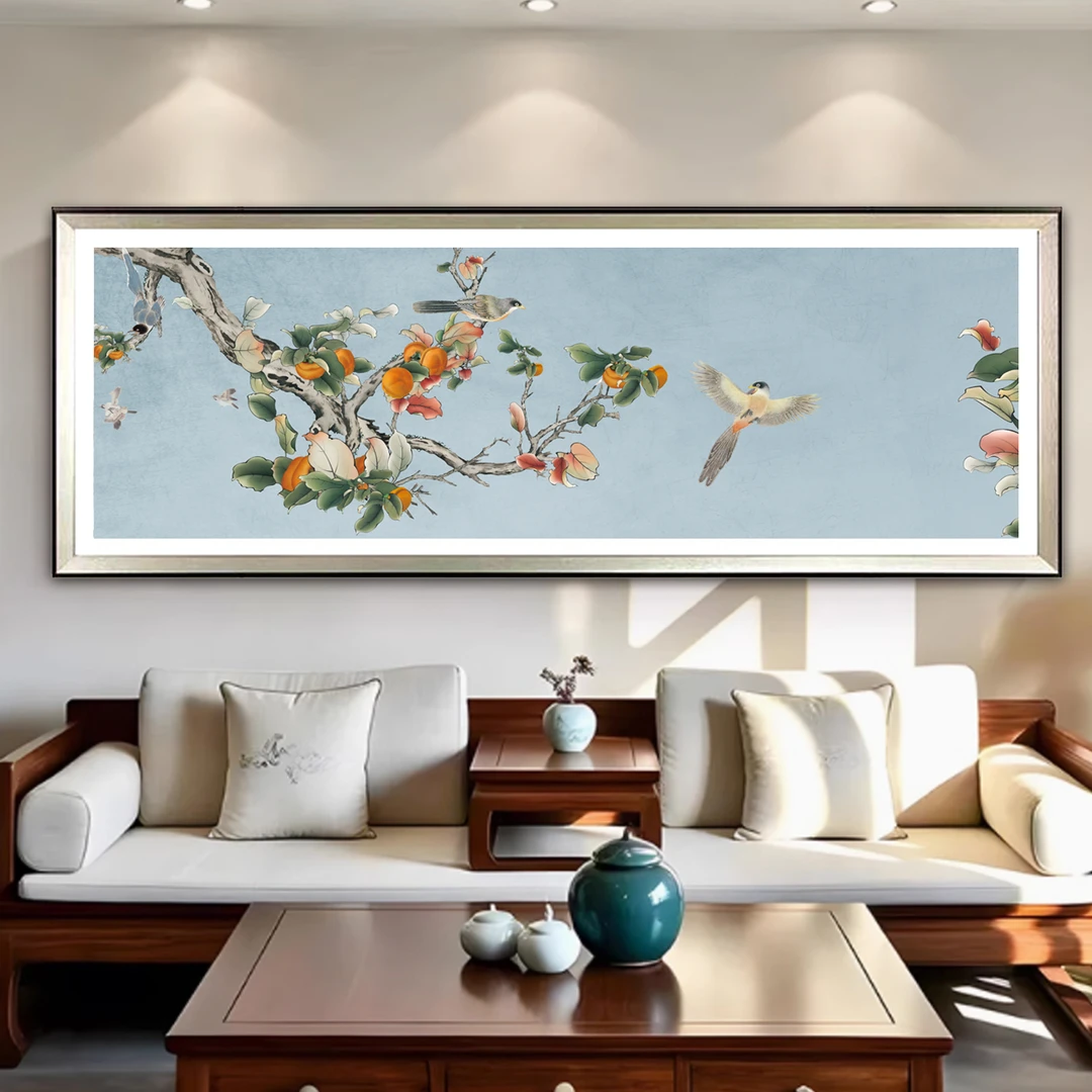 一尺缘[柿柿如意]嵌贝现代轻奢横幅钢化玻画装饰画沙发背景画客厅