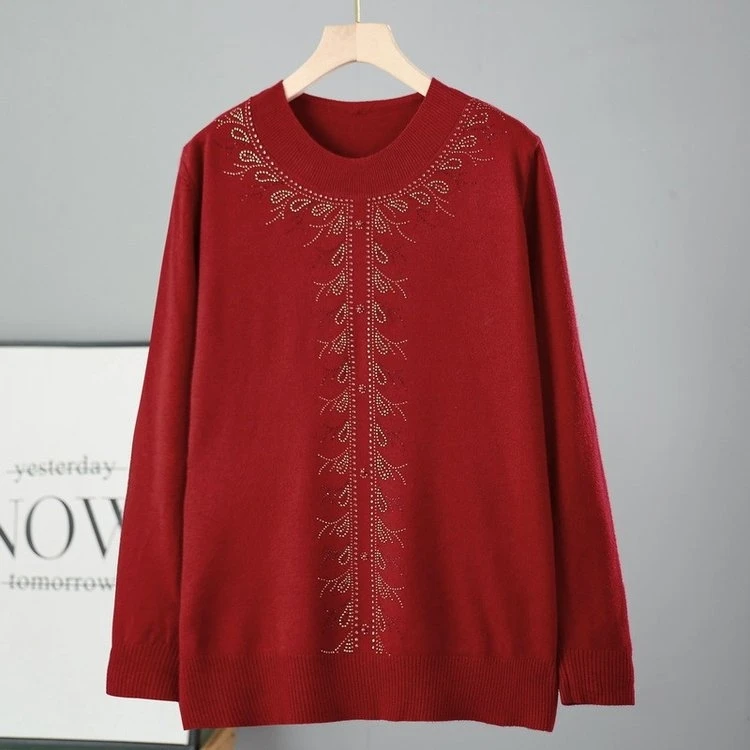 春秋款妈妈毛衣 加肥加大中老年妈妈装秋半高领毛衣烫钻弹力针织