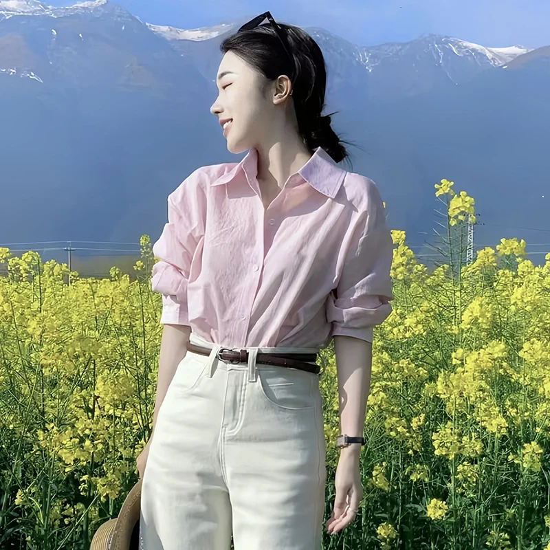 秋冬轻奢小众炸街高级感女装淡粉色衬衫女款外穿洋气长袖显瘦衬衣