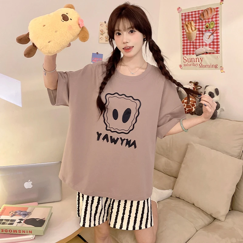 夏季新款睡衣女套头短袖短裤简约休闲可外穿家居服套装90012