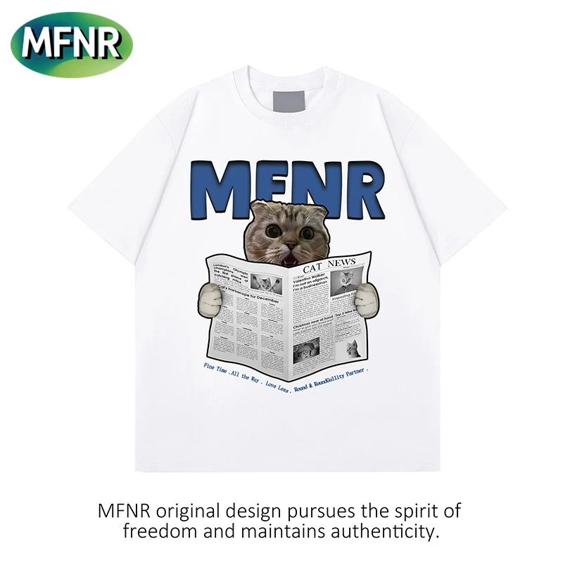 美式街头小众设计感报纸小猫印花T恤夏季男女百搭重磅纯棉短袖