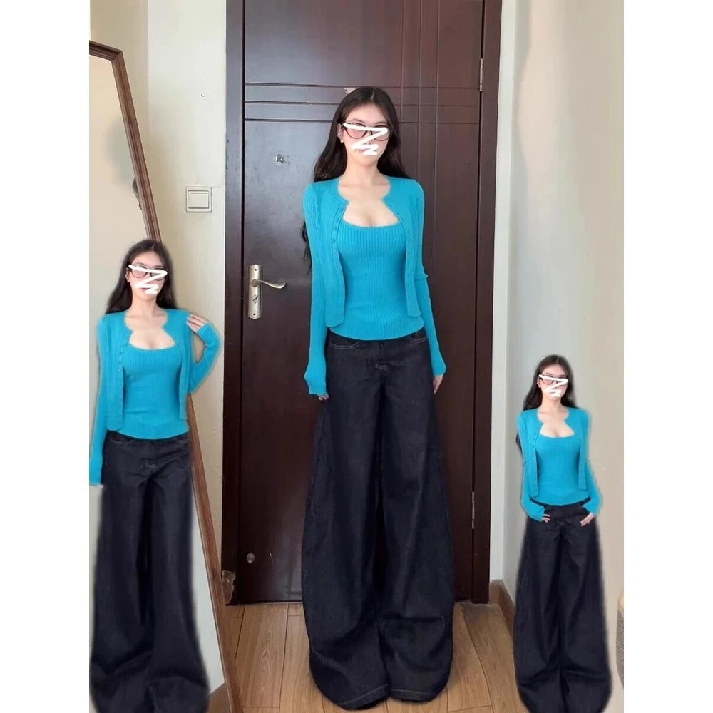 辣妹蓝色针织吊带开衫套装女早秋季新款内搭外套韩系穿搭chic上衣