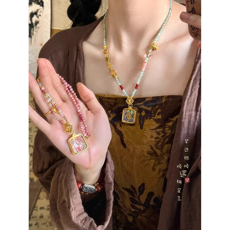 铜合金项链 藏式扎基拉姆唐卡串珠项链女复古长款锁骨链劲链配饰