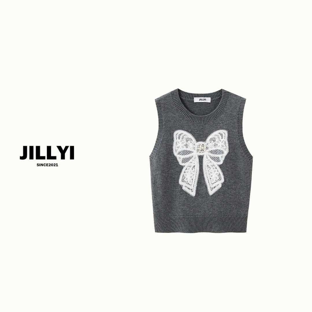 JILLYI珠海店【心动礼物】灰色圆领蝴蝶结刺绣时尚百搭无袖针织背心