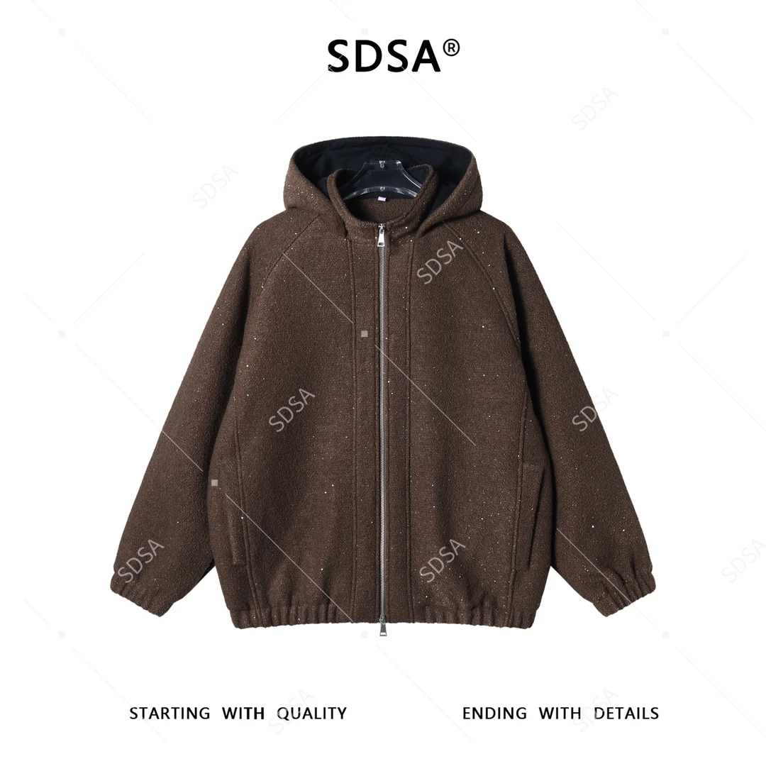 SDSA男士秋冬新款痞帅男装港风复古亮片拉链立领连帽卫衣外套百搭