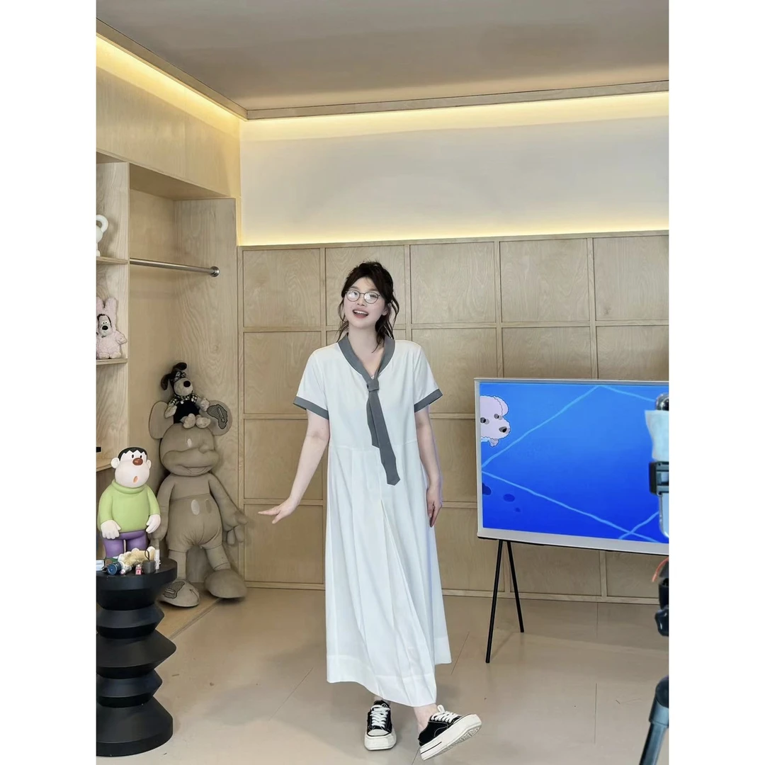 晶咕【知夏】韩系气质拼接领带纯色下摆褶皱A字短袖连衣裙