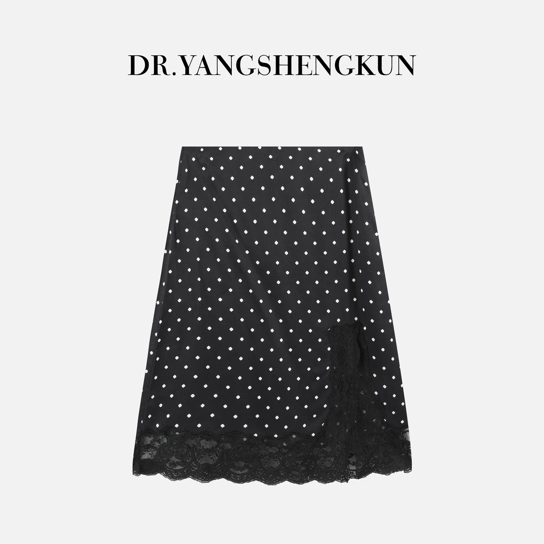 DR杨圣坤2025夏新款时尚气质短裙波点蕾丝开衩半身裙DR2404-0505