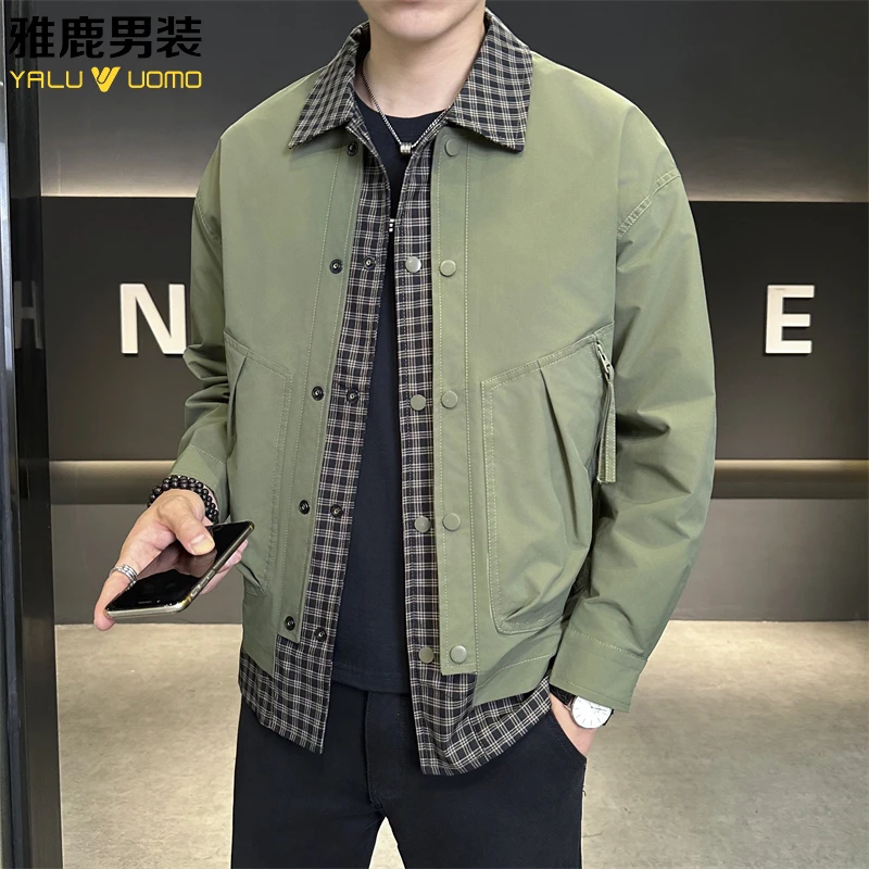 雅鹿男装男士春秋季格子拼接假两件时尚帅气翻领青年夹克外套男潮