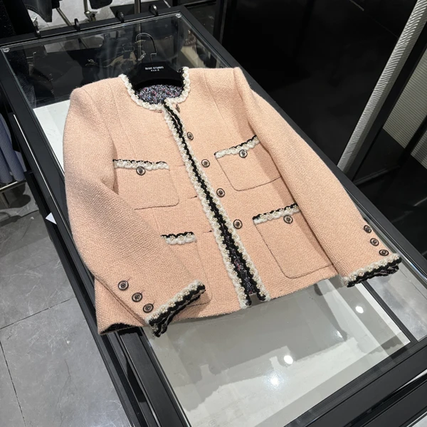 25年春装新款女装 时尚白色珍珠花边四口袋粉色粗花呢外套-W026