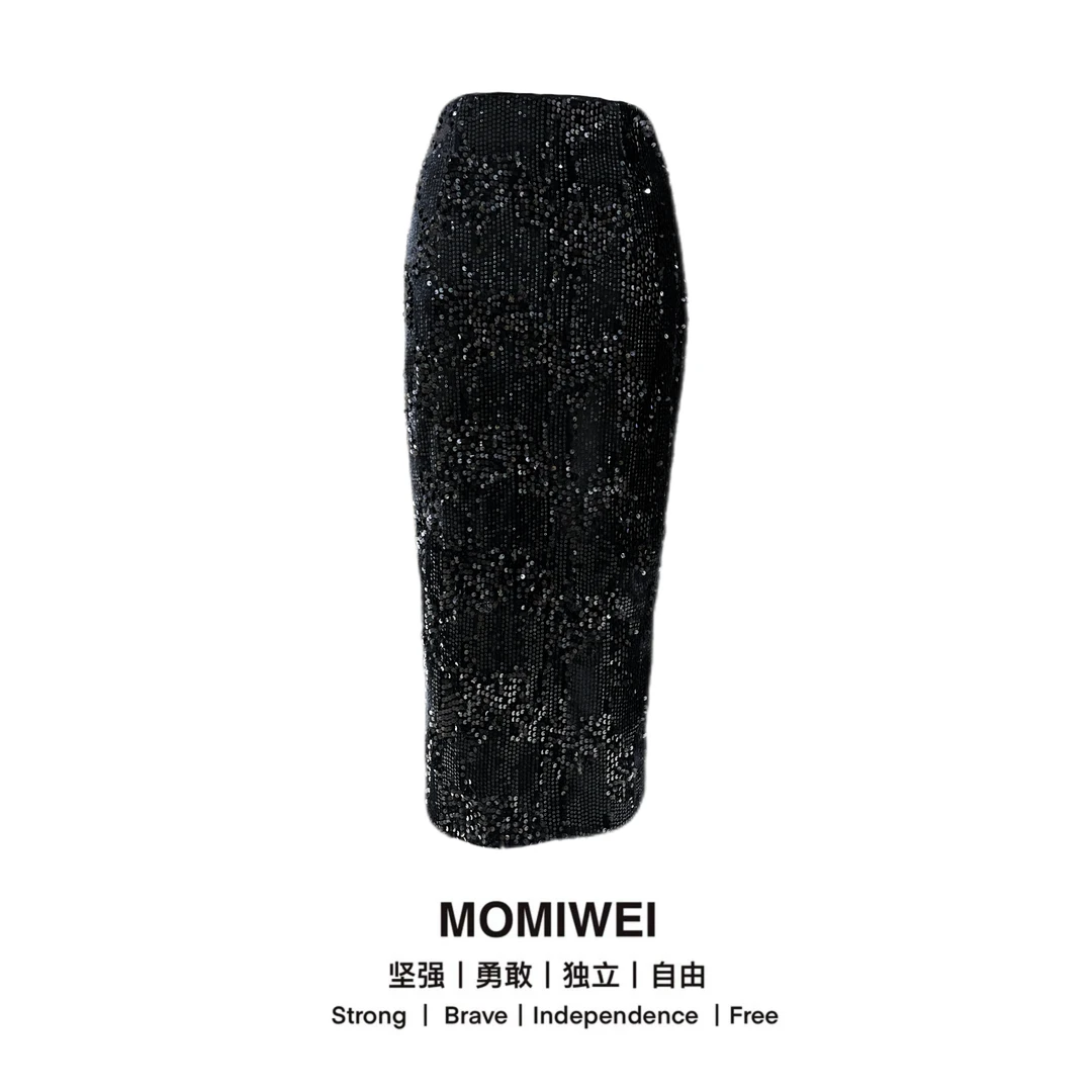 MOMIWEI设计师品牌重工丝绒亮片半身裙M2024D123