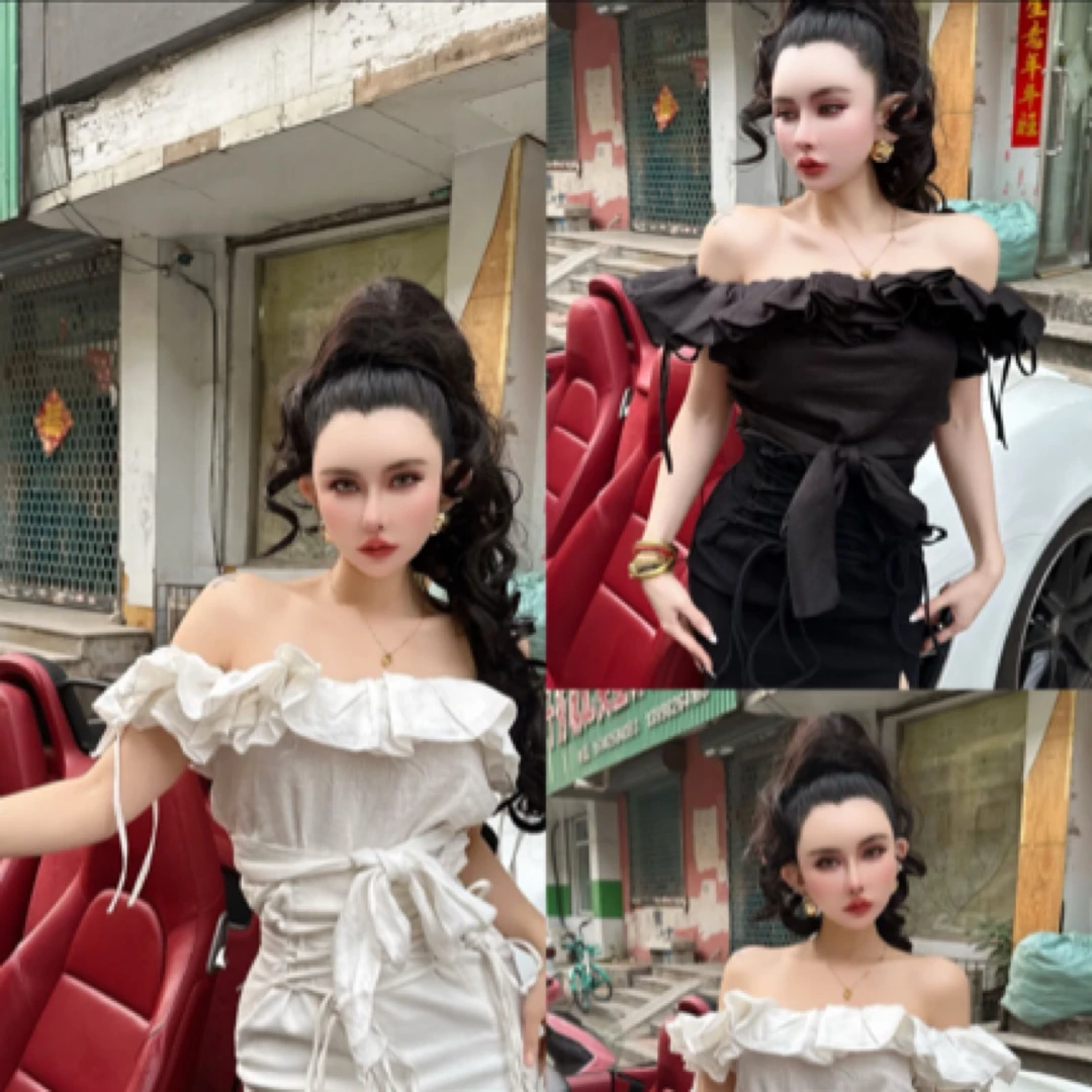 【绝美纯欲 双层荷叶】原创设计亚麻一字肩小衫