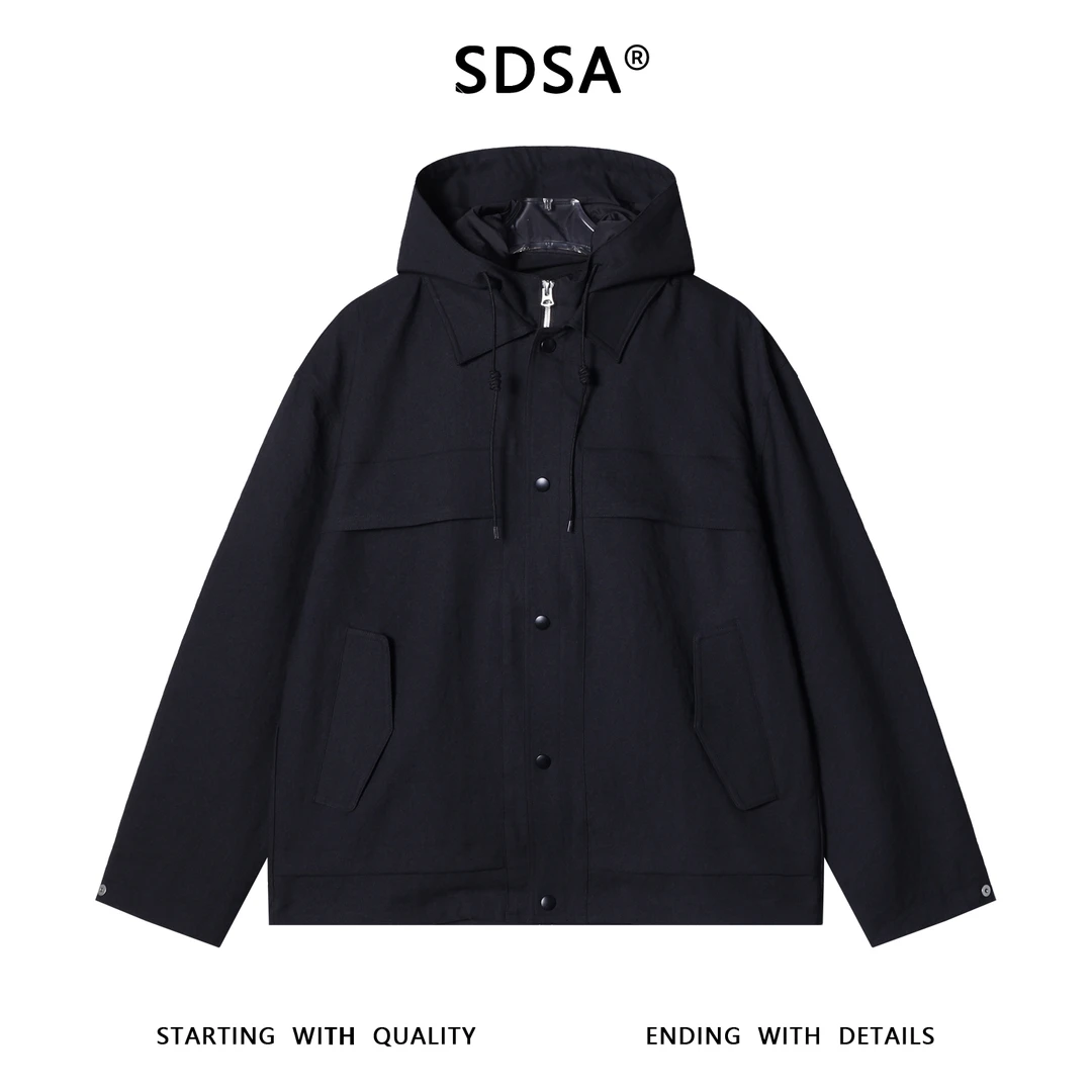SDSA秋冬新款痞帅男装美式纯色翻领连帽假两件夹克外套百搭宽松