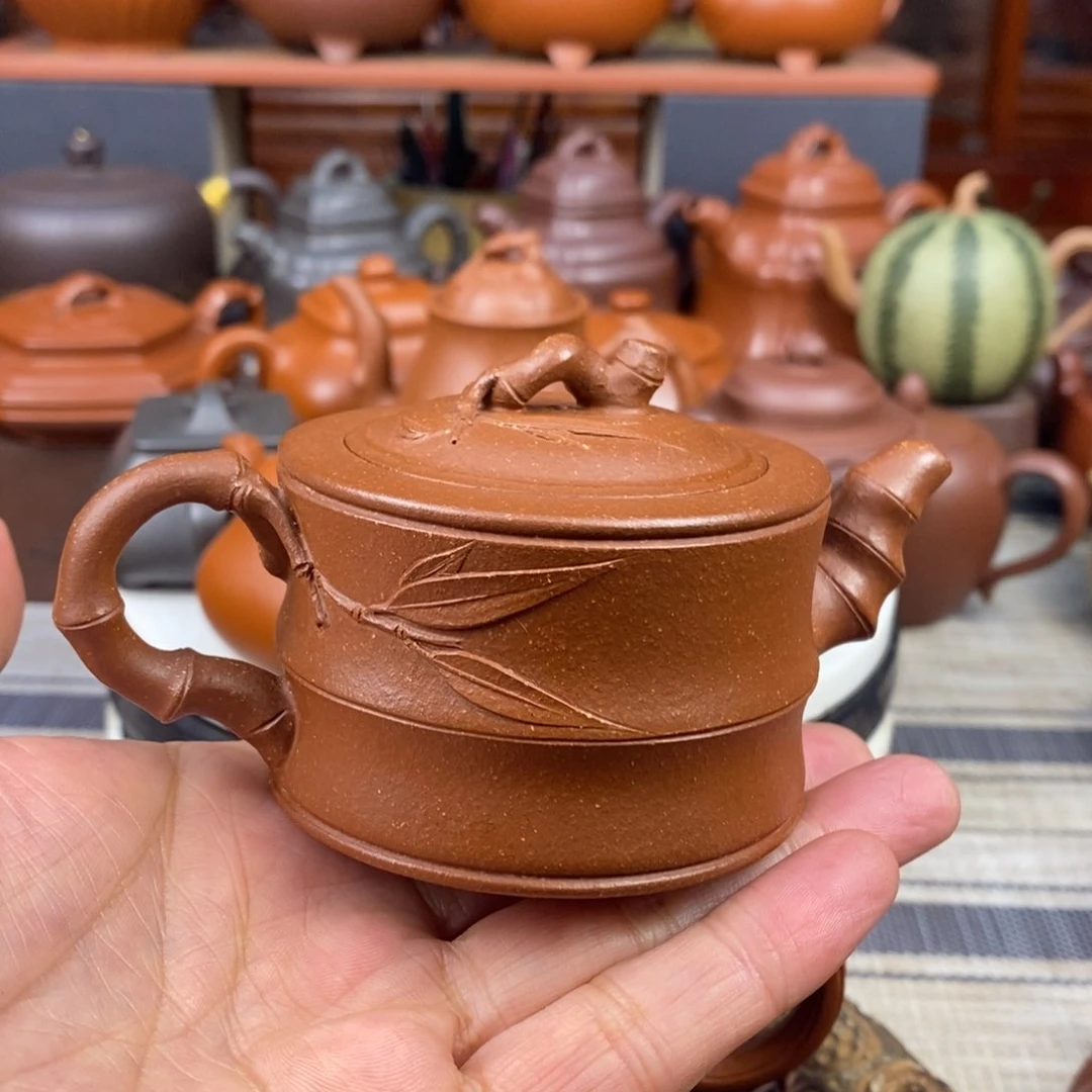 紫砂茶壶小竹段130cc原矿宝山红降坡泥