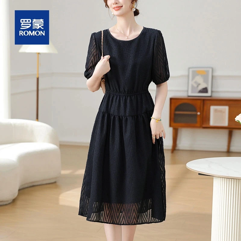罗蒙时尚妈妈夏装洋气显瘦连衣裙新款纯色减龄长裙中老年女装裙子