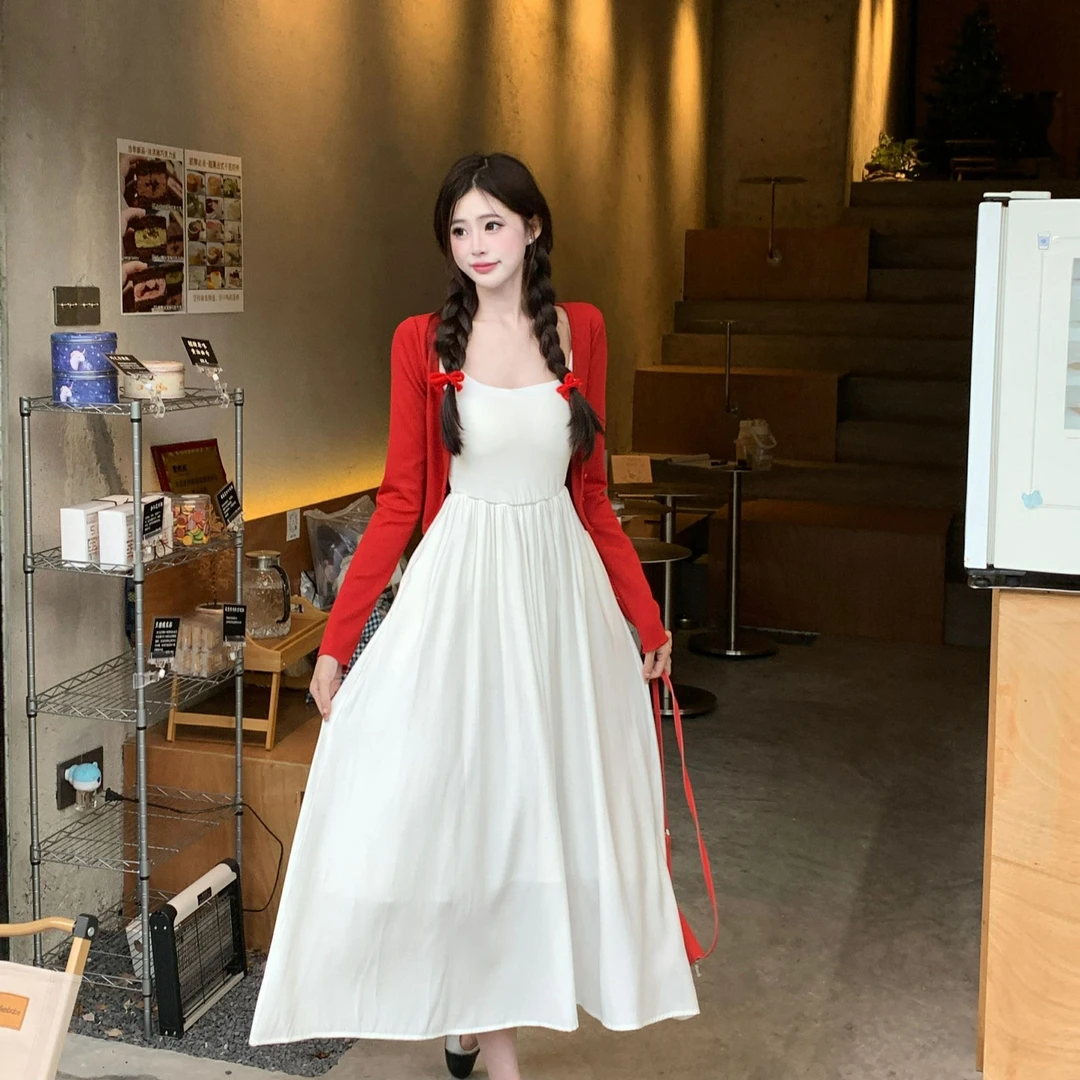 千语栀【心愿如樱】小个子必备显瘦遮肉白色吊带裙红色针织开衫套装
