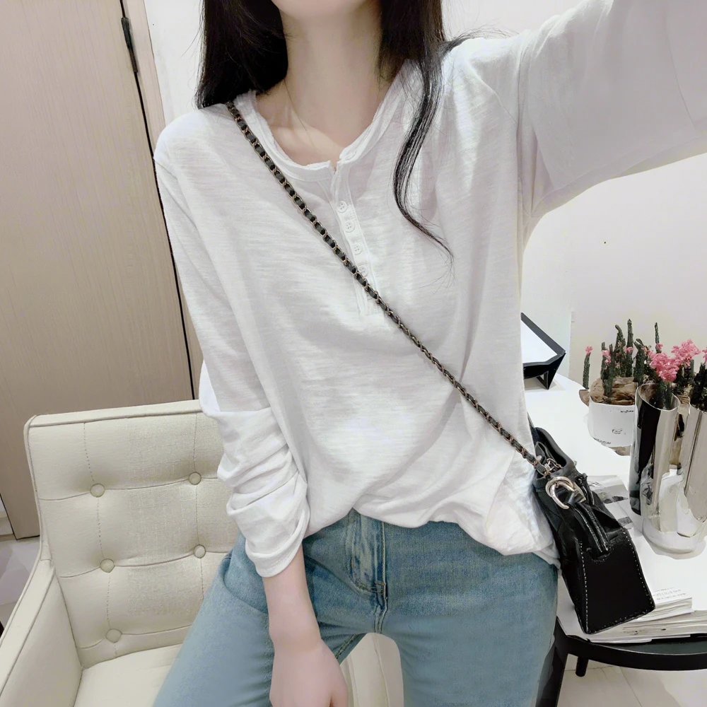 春季宽松圆领长袖薄款竹节棉简约纯色休闲百搭减龄打底显瘦T恤女