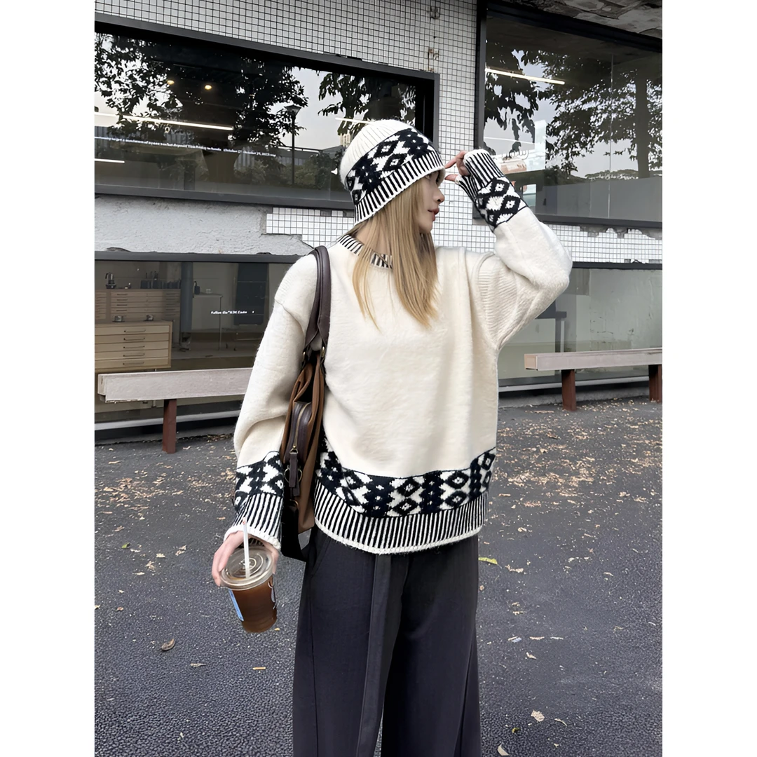 XFX 美式复古慵懒风费尔岛宽松保暖毛衣女秋冬街头休闲针织帽套装