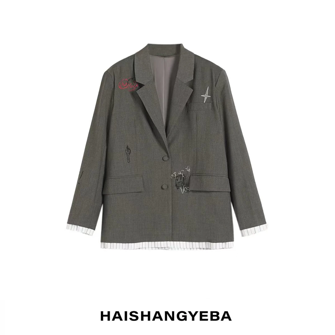 【海上叶爸】新款2025春秋百搭绵羊毛宽松图案设计毛边长袖西装