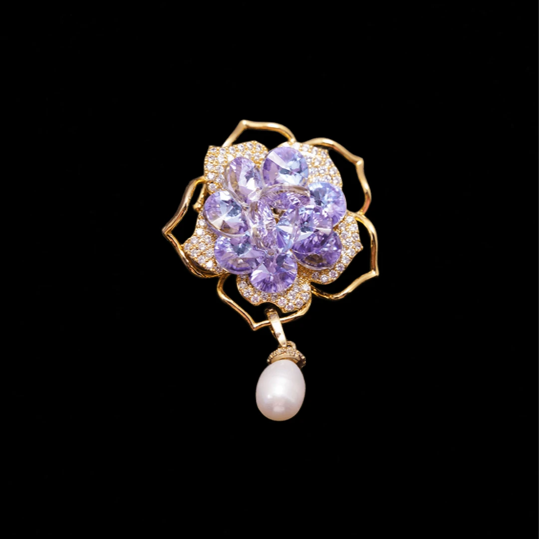 铜合金合成锆石胸针 时尚气质百搭紫色珠珠花朵胸针5361