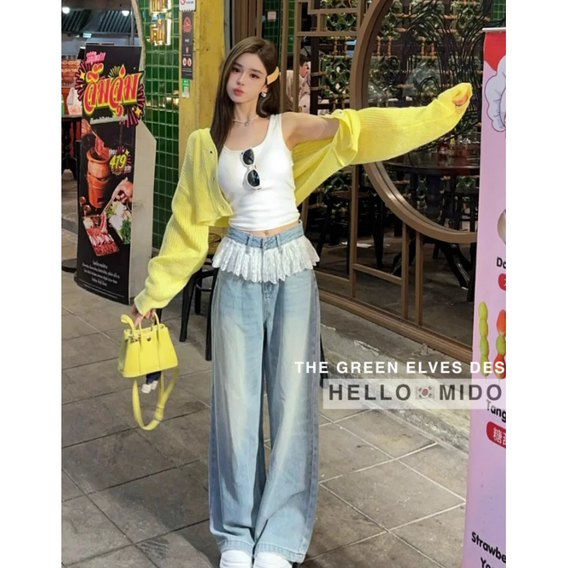 YOYO2025春季新款设计感小众蕾丝拼接高腰牛仔裤女直筒长裤