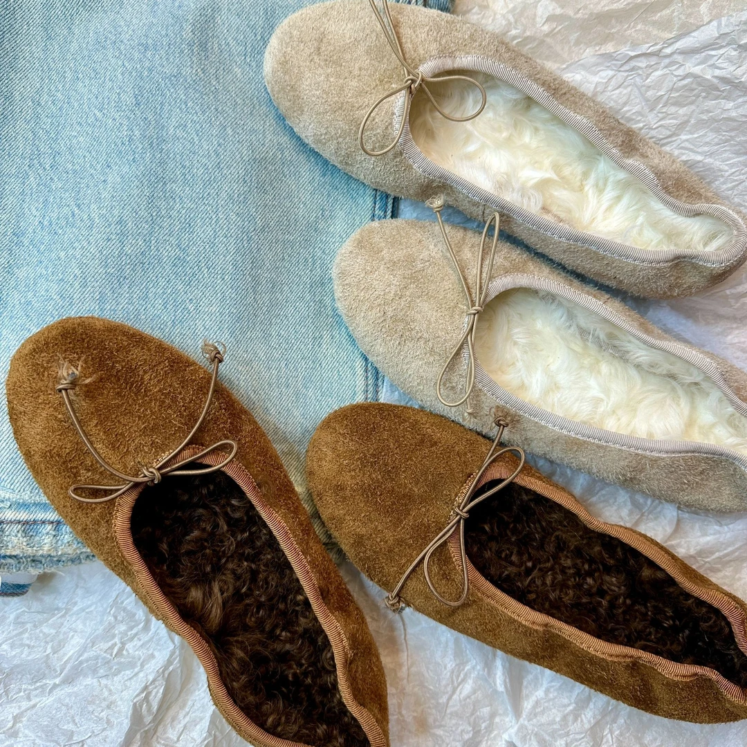 【唐唐家】复古蝴蝶结毛毛单鞋女平底圆头舒适时尚芭蕾鞋复古百搭