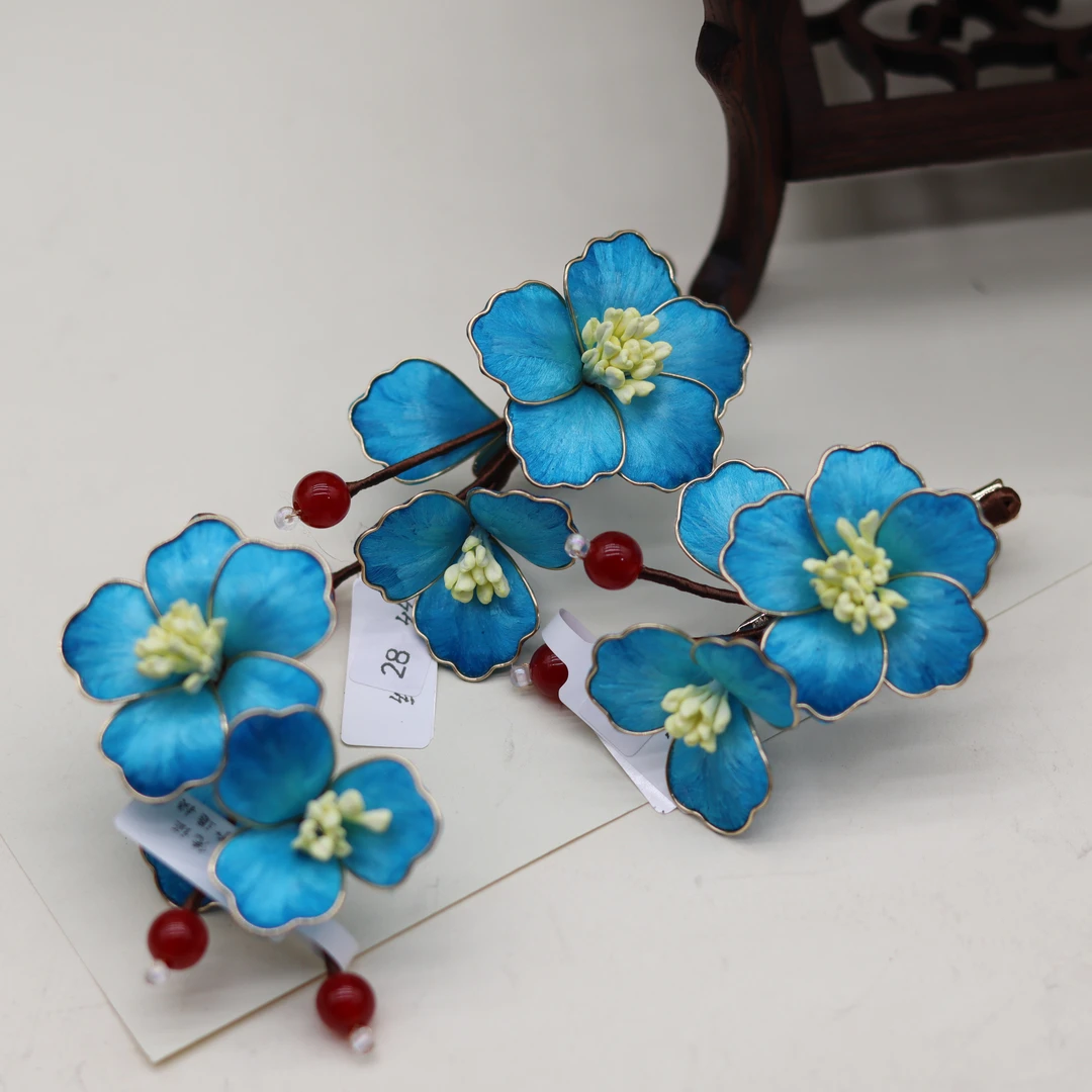蓝色掐丝夹子掐丝蚕丝绒花发夹头饰发饰